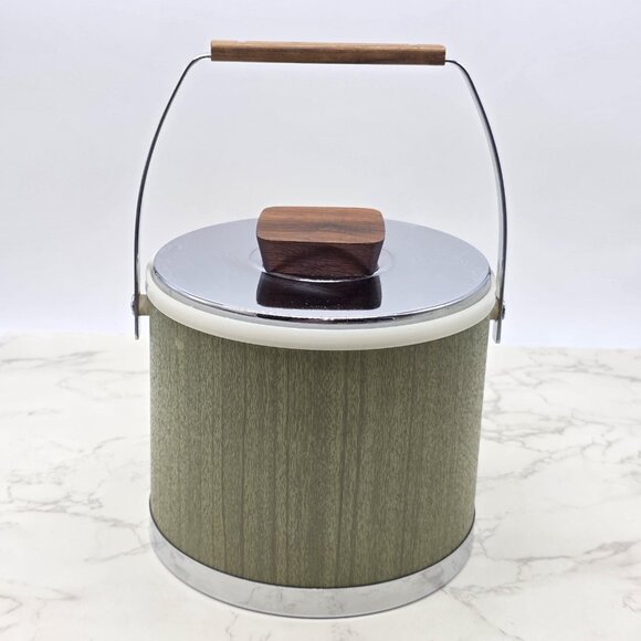 Vintage Kromex Ice Bucket Green Woodgrain Chrome Lid Mid Century Barware USA - Picture 3 of 11